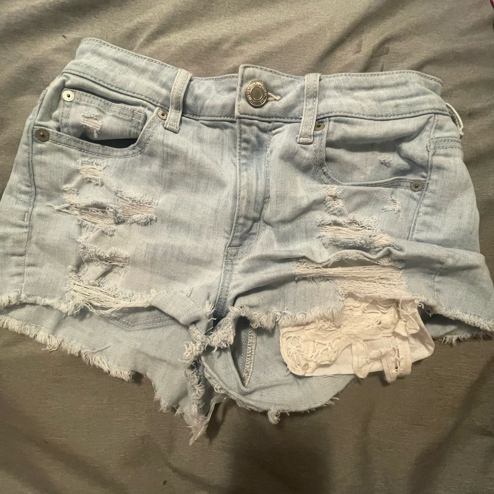 AE Light Blue Distressed Denim Shorts